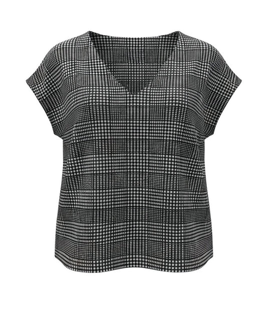 Black and white checkered pullover boxy top on a white background