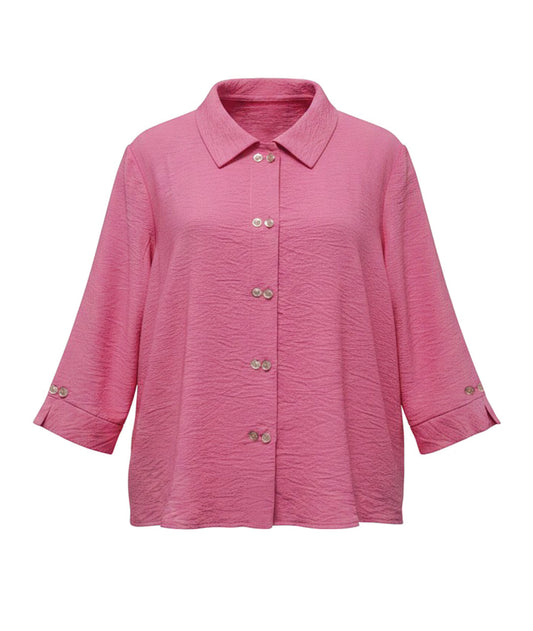 pink 3/4 sleeve button down blouse with a double button detail
