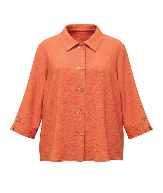 orange 3/4 sleeve button down blouse with a double button detail
