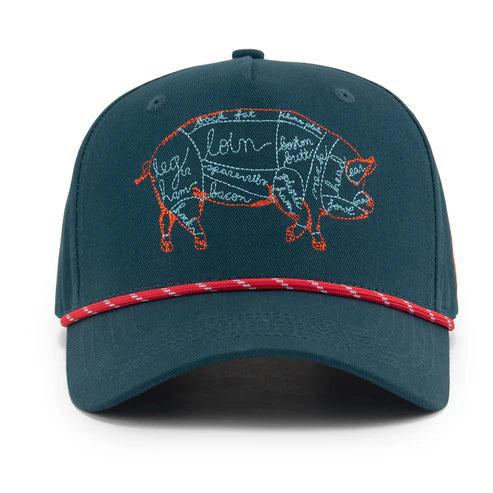 Teal cap with red and orange pig diagram on a white background