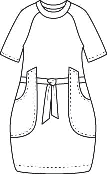  illustration of a raglan sleeve shift dress with a tie belt at the waist, which runs through exterior pocket loops
