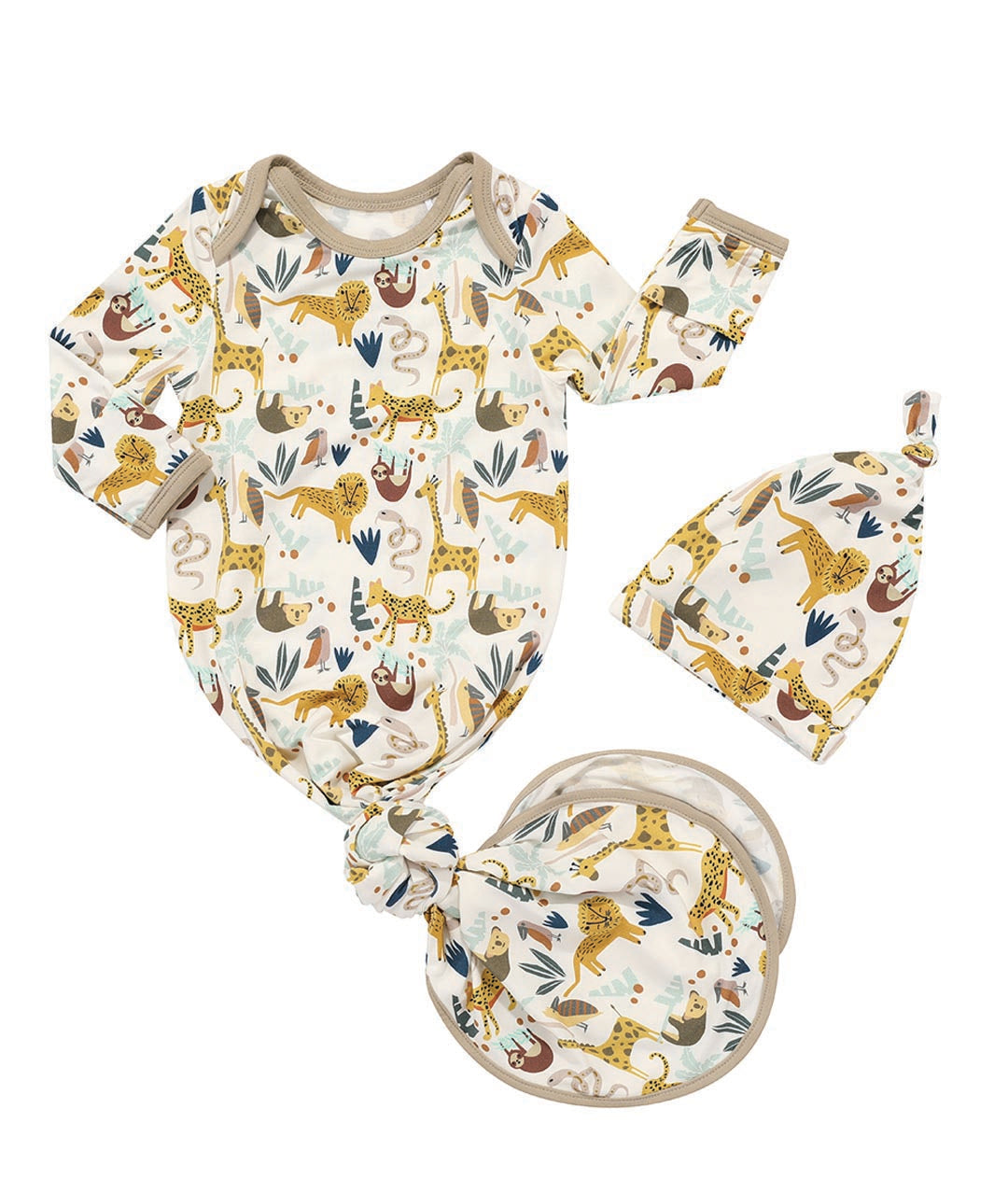 Baby clothing set with onesie, bib, and hat featuring animal patterns on a white background