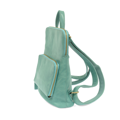 side of light teal colored backpack