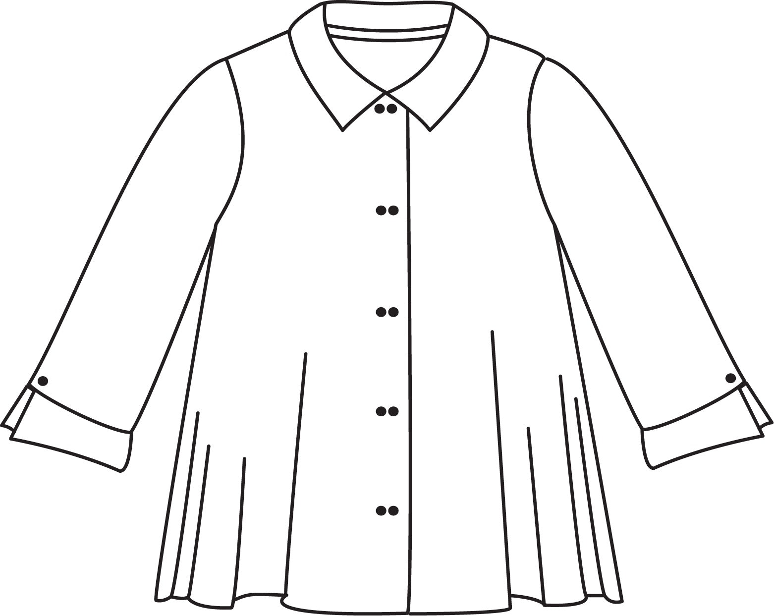 illustration of a button down blouse with 3/4 sleeves with a split cuff, and a full body