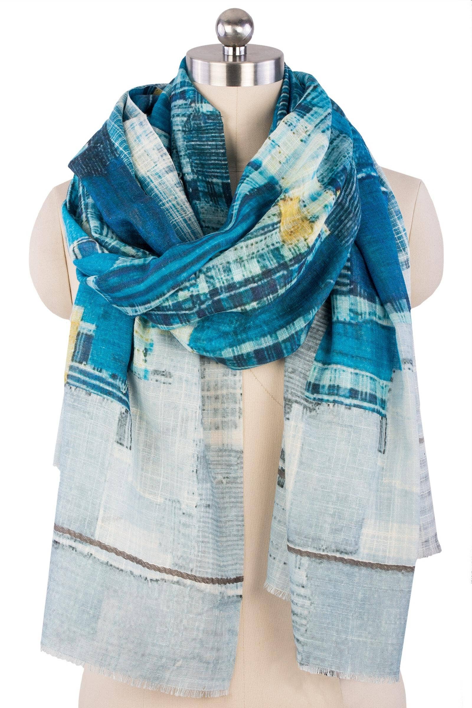 Mannequin with blue patchwork scarf