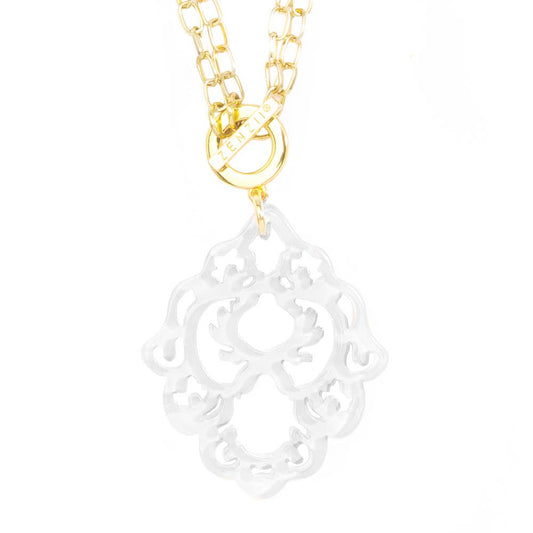 white acrylic scroll necklace with gold chain