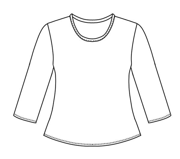 Pictured is a black and white line drawing of the bella tee.