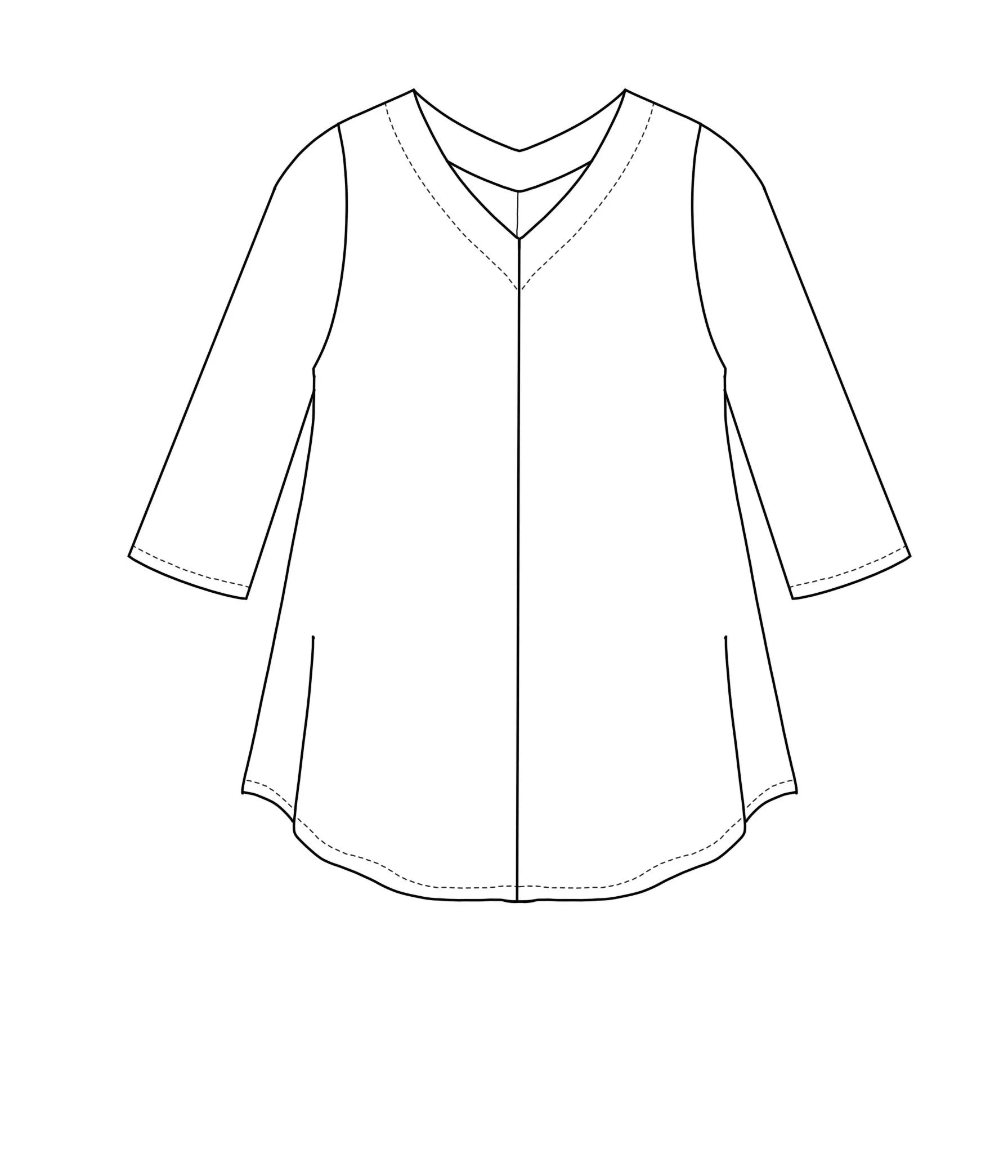 flat drawing of a 3/4 sleeve pull over top with a v neck and a front center seam