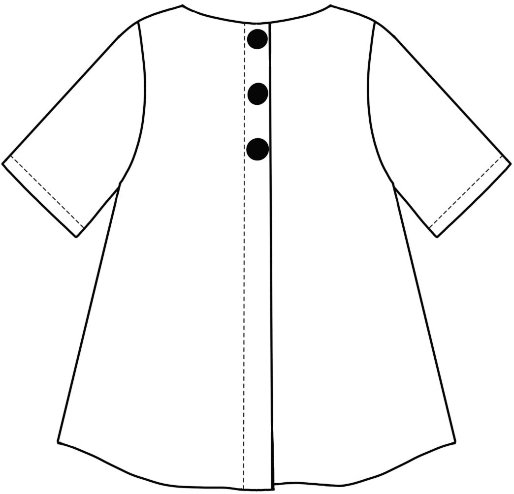 flat drawing of the back of a top with button detail down the back center