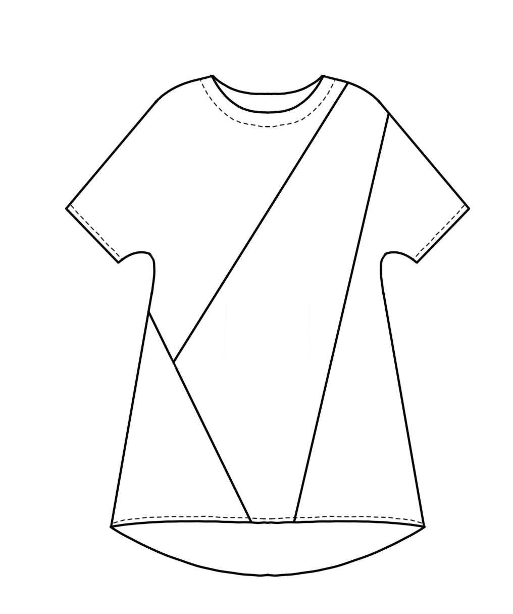 illustration of a pullover short sleeve top with a contrasting color block across the body