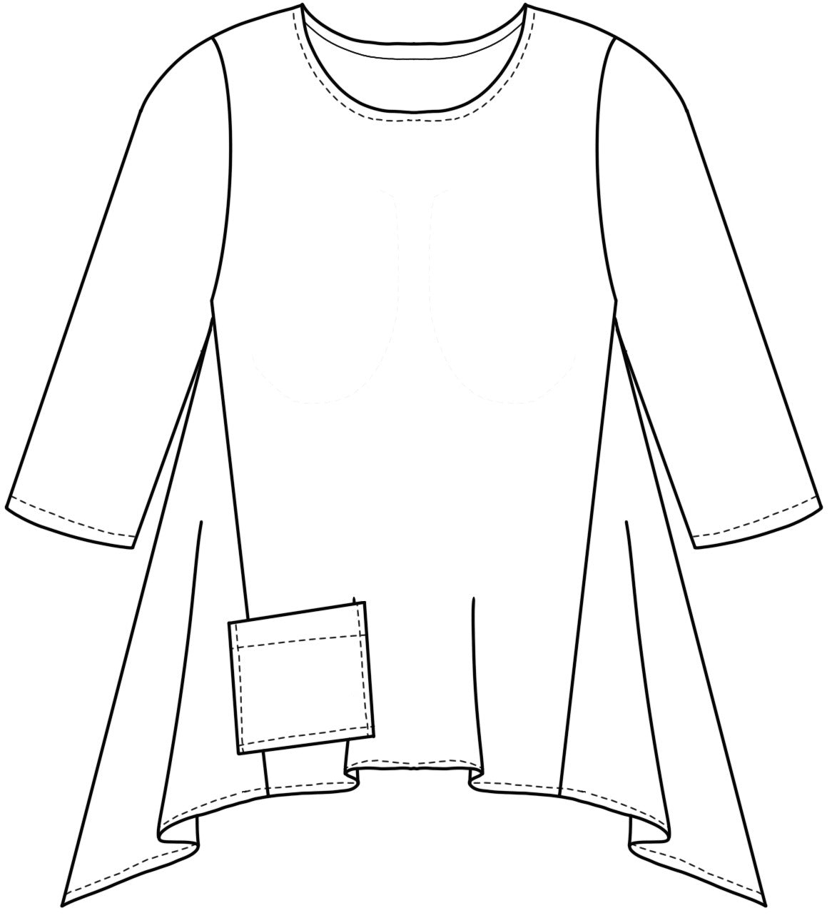 drawing of a pull over top with a full flowy body and a single square hip pocket. sleeves are 3/4 length and the hemline of the body is lower on the sides with a point. 