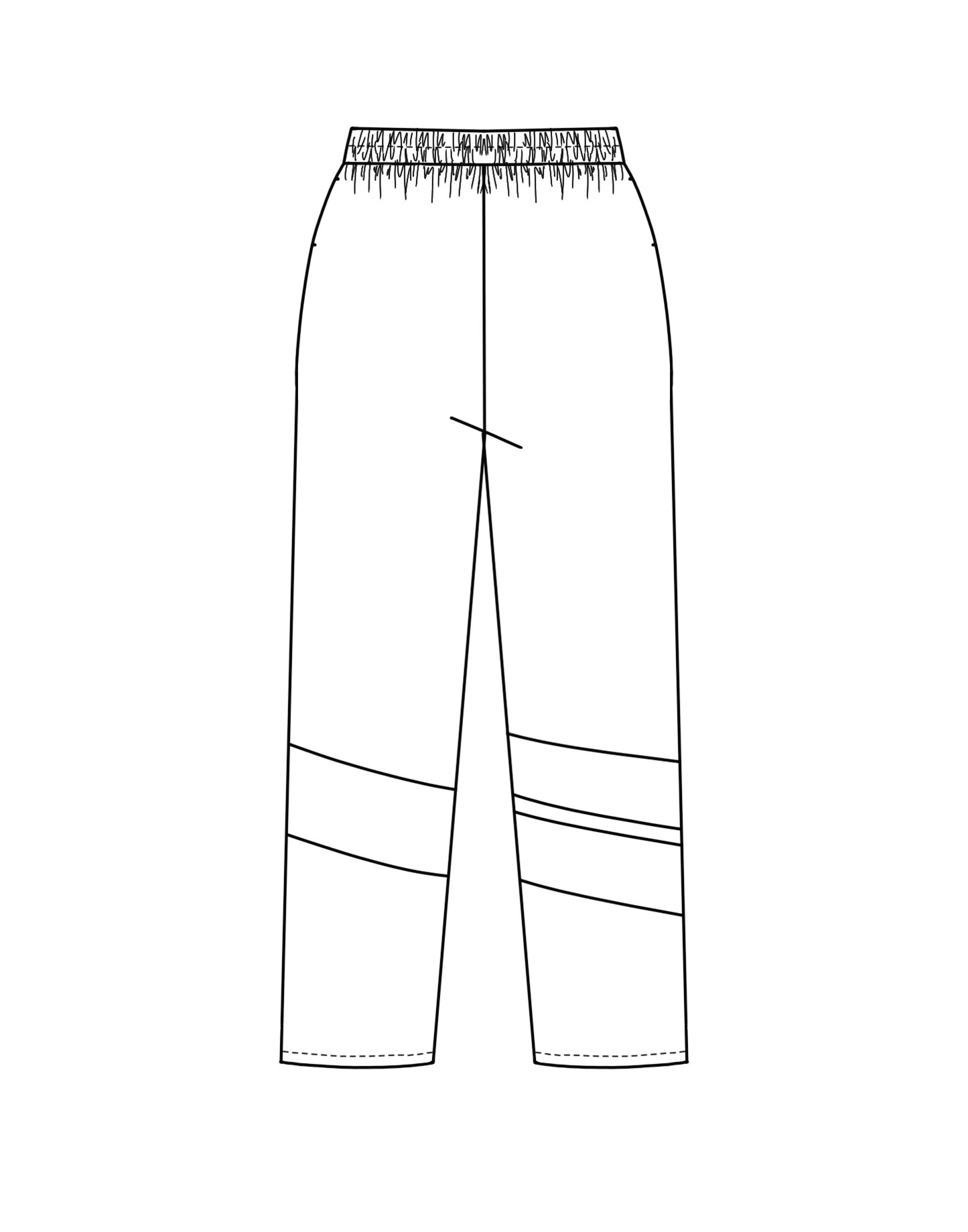 drawing of an elastic waist pant with pleating and fold detail at the knees