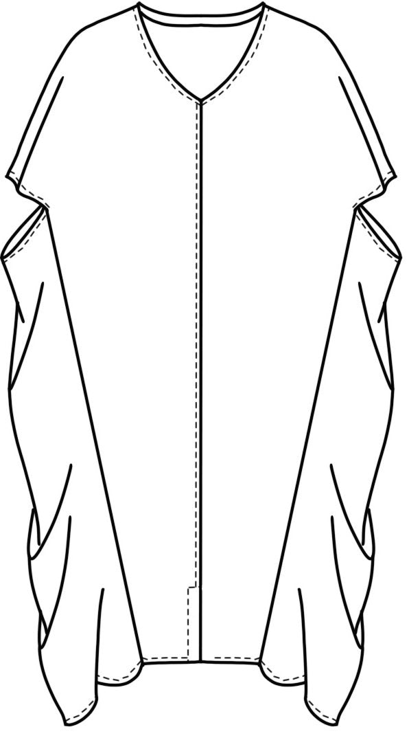 flat drawing of a cocoon style dress with a vneck