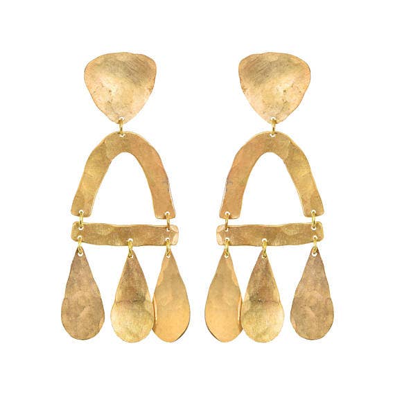 Abstract shaped brass drop earrings w/ sterling silver post set against a white background