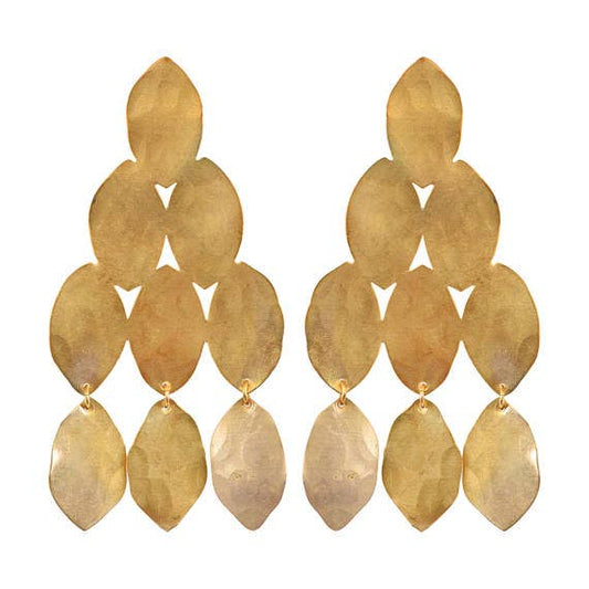 Tiered oval hammered brass dangle earrings set against a white background. Has Sterling Silver post