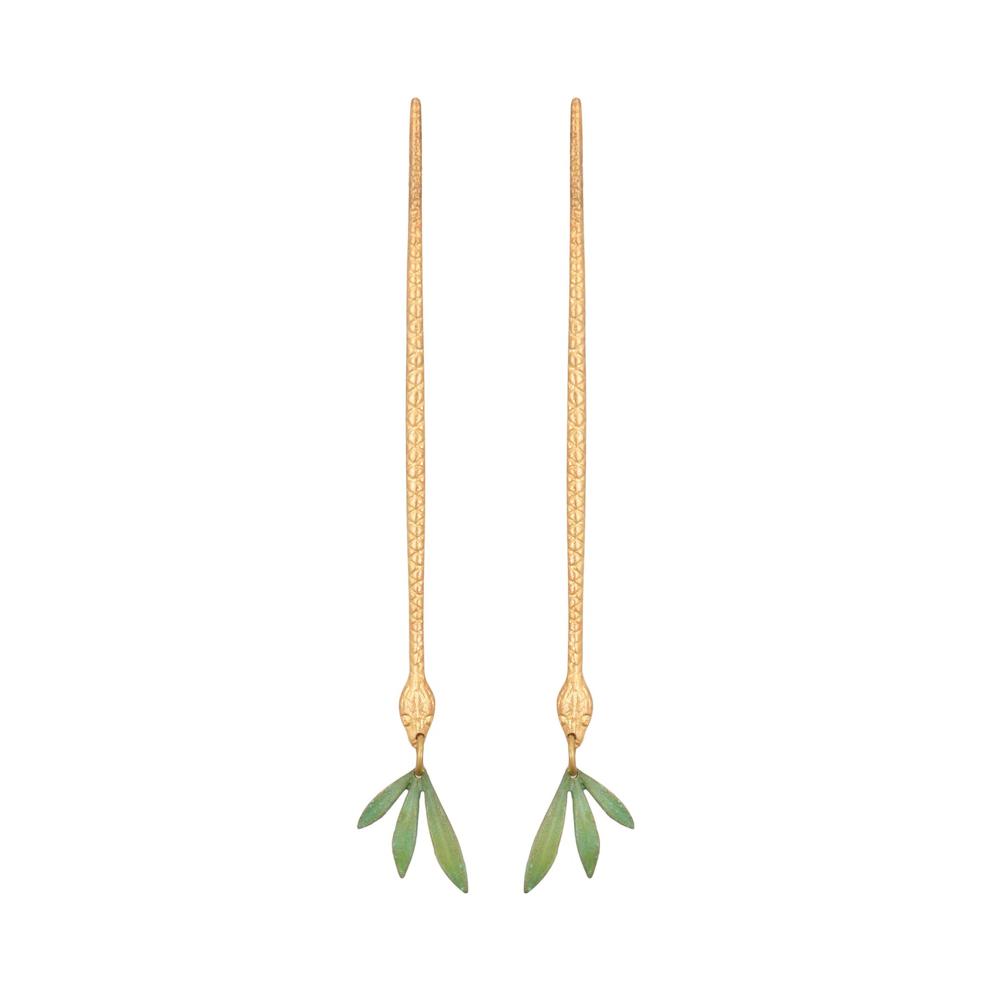 Long snake shaped brass earrings w/ blue petina leaves set against a white background