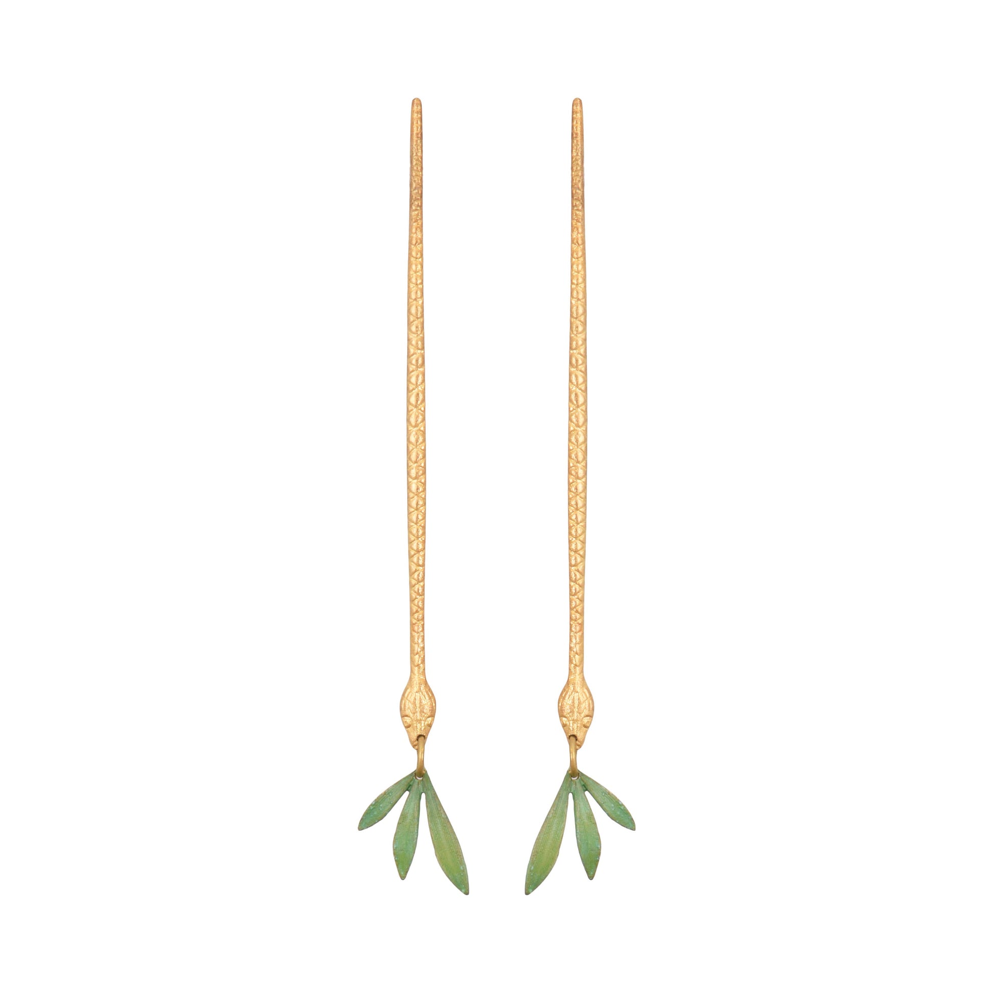 Long snake shaped brass earrings w/ blue petina leaves set against a white background