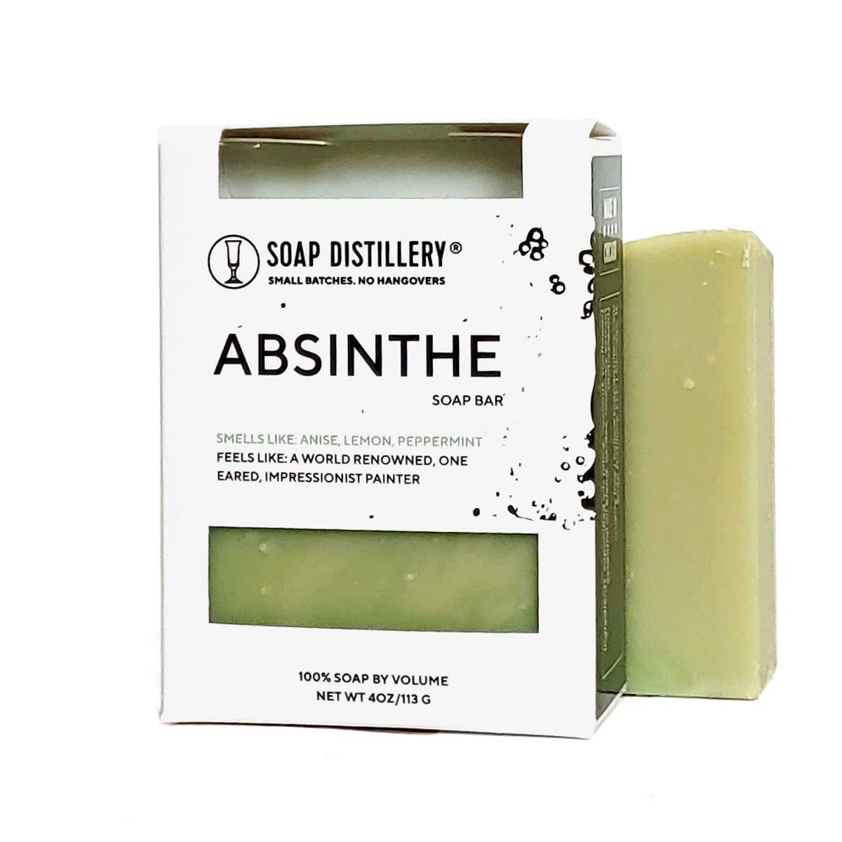 Photo of a light green bar of soap next to a packaged bar of soap in a black and white box with a label that says "Absinthe" with a description.