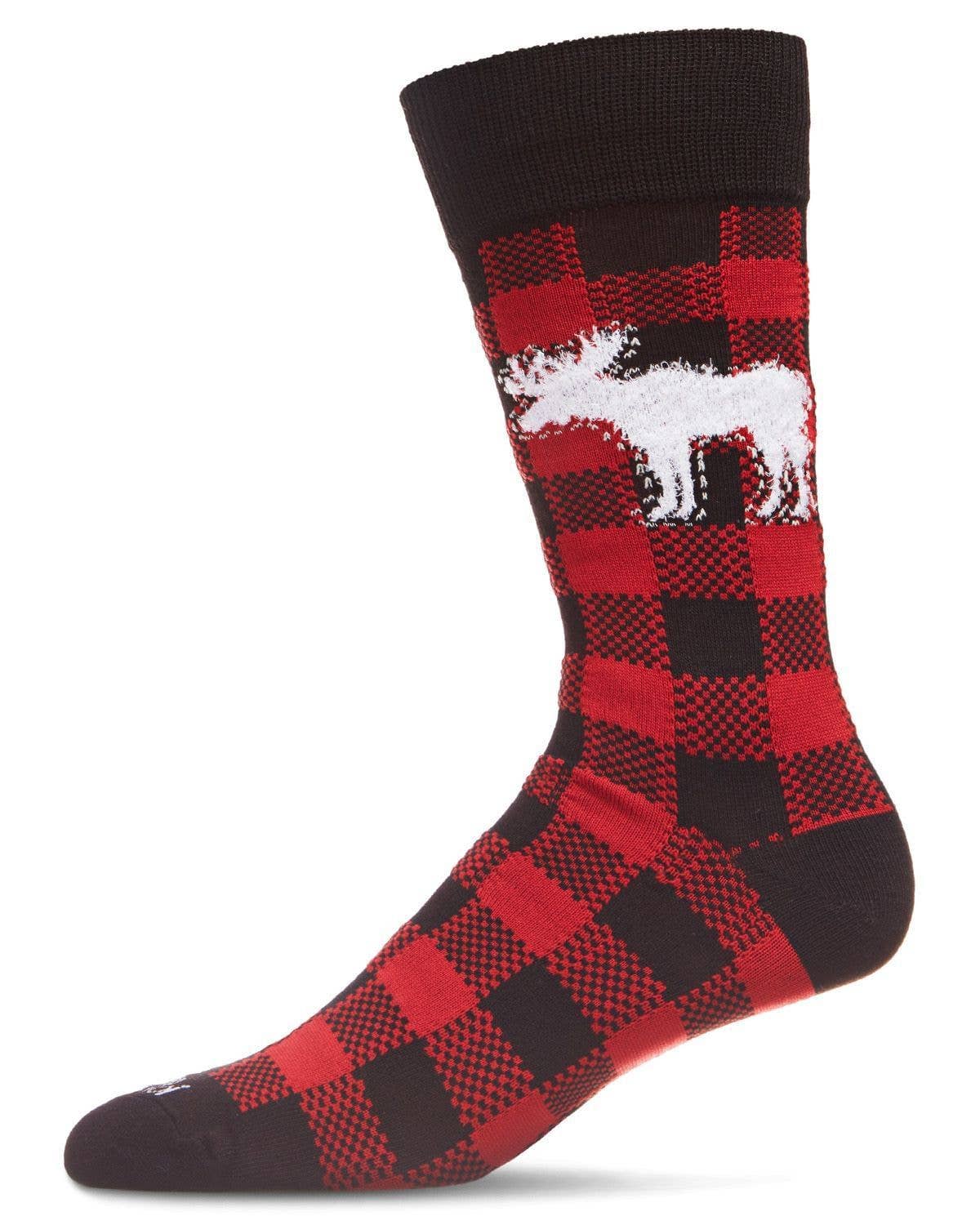 red and black buffalo plaid socks with white moose at ankle. on a white background.