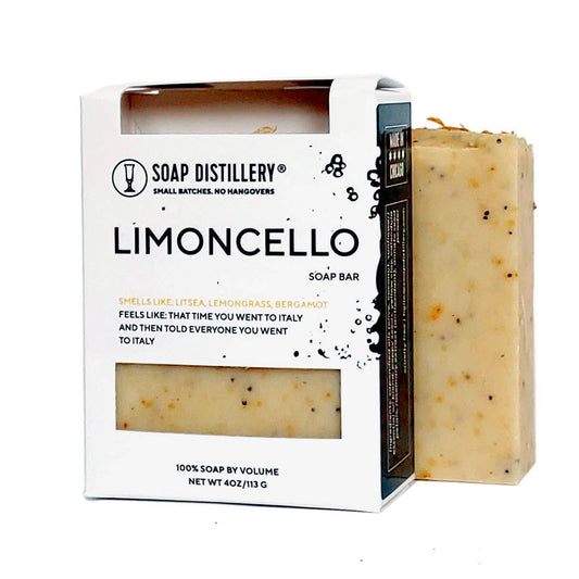 bar of soap pictured next to soap box with the words "limoncello" and a description