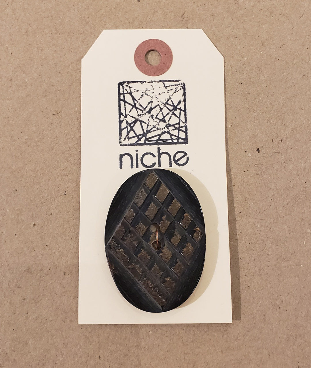 black button with wooden texture on a Niche card