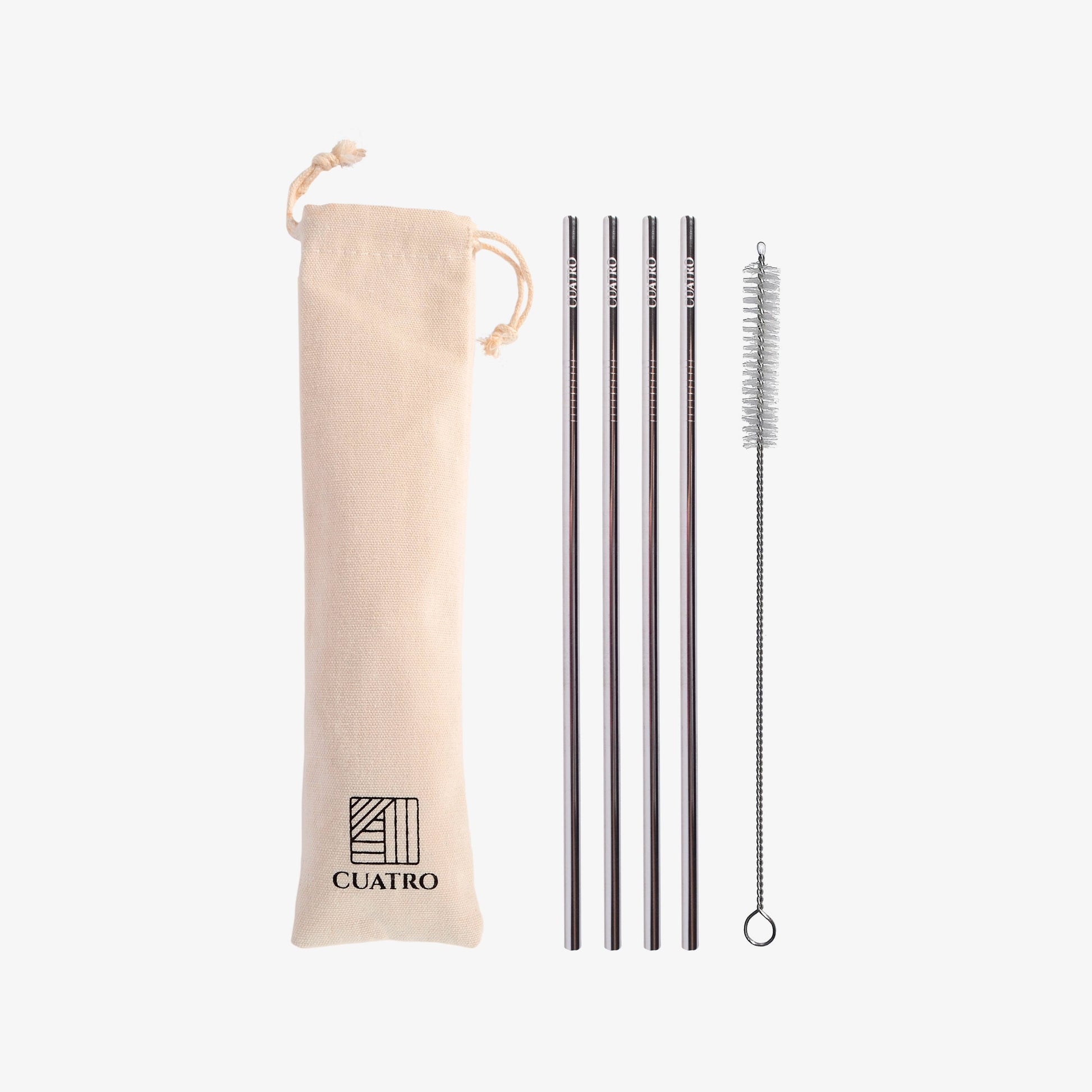 silver stainless steel straws pictured next to a drawstring bag and a straw cleaner