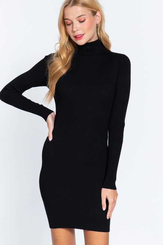 model is wearing a black turtleneck sweater dress against a white backdrop