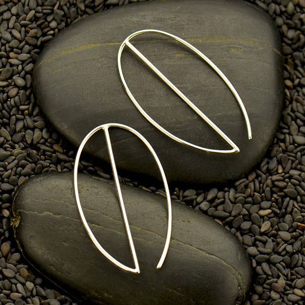 Close up of hoop hook earrings with a vertical line running through the oval shape. Against two black stones and tiny black pebbles.