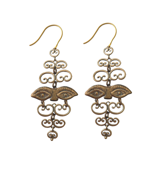 Drop earrings with eyes and scroll work  in solid bronze. 