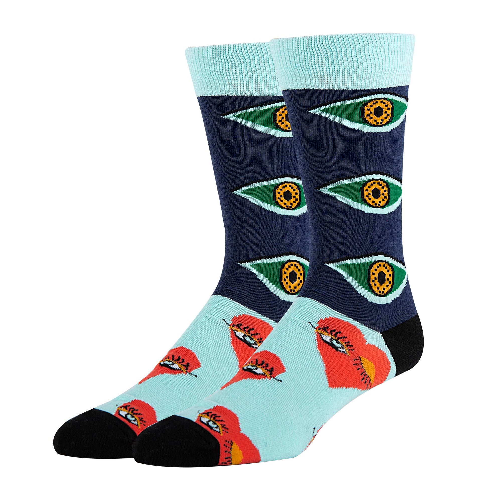 socks with three eyeballs on top part and hearts on the foot section. ON a white background