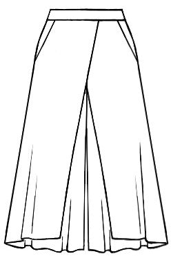 drawing of a wide leg pant with a wide waistband and an overlapping  over layer in the front