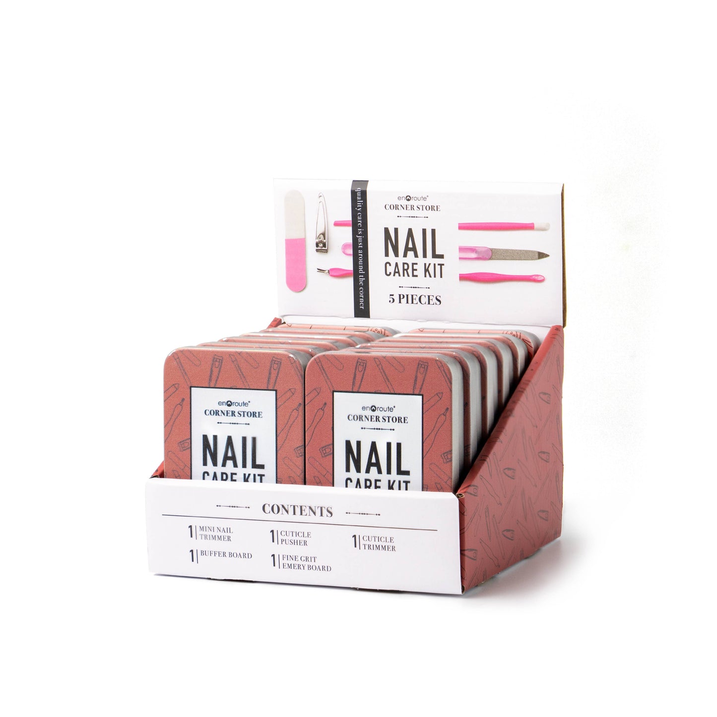display showing multiple nail care kits against a white background