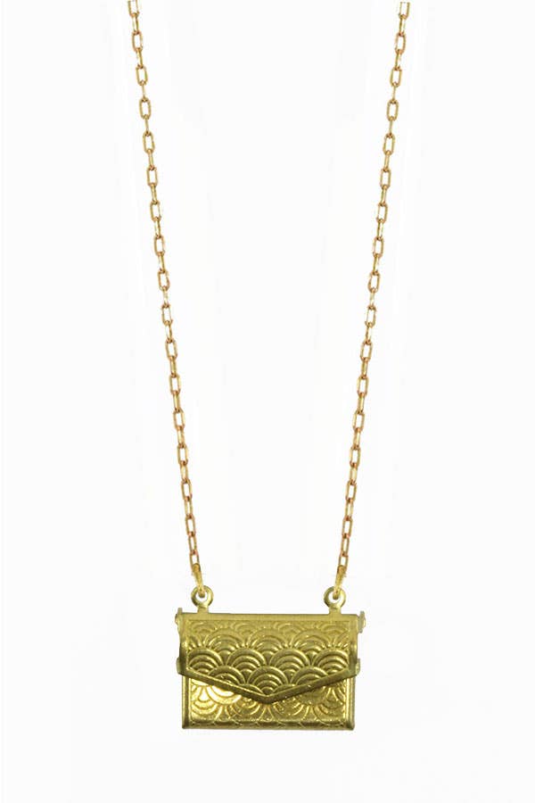 A gold-colored brass openable envelope locket necklace.