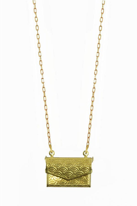 A gold-colored brass openable envelope locket necklace.