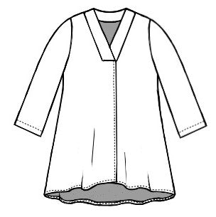 drawing of a top with a vneck and 3/4 sleeves. top has a center front seam and splits on either side.