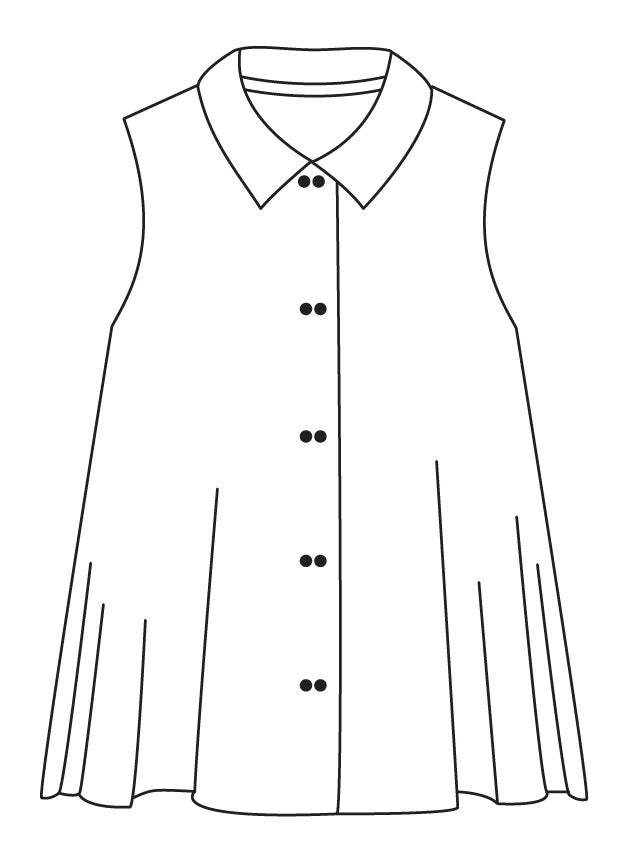 drawing of a sleeveless button up blouse with a full flowy body