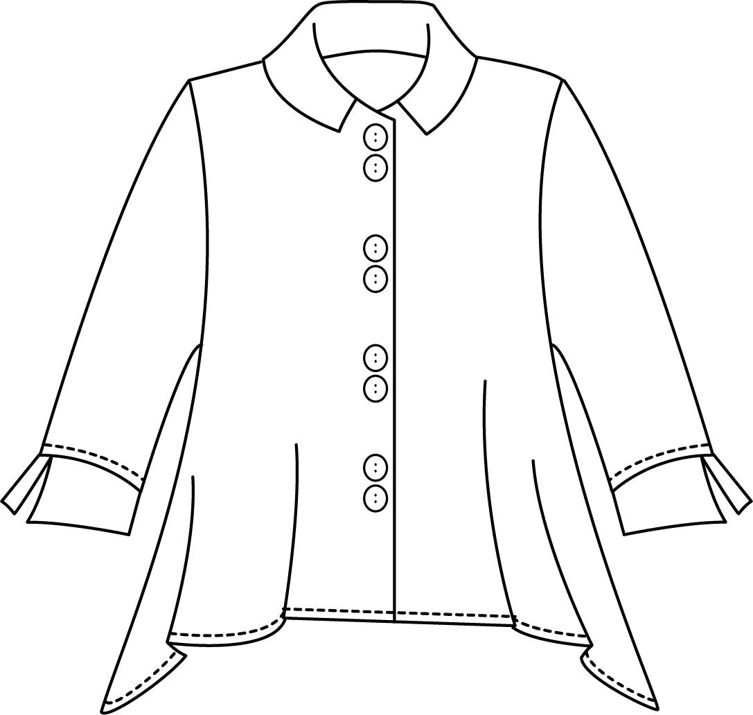 flat drawing of a button up jacket with a collar and splits at the cuffs of the sleeves
