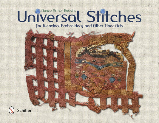 book cover with title "universal stitches for weaving, embroidery, and other fiber arts" with an image of a stitched fabric