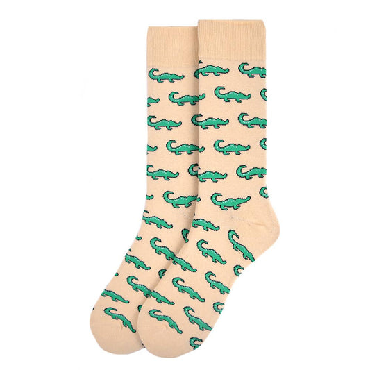 beige socks with alligator print