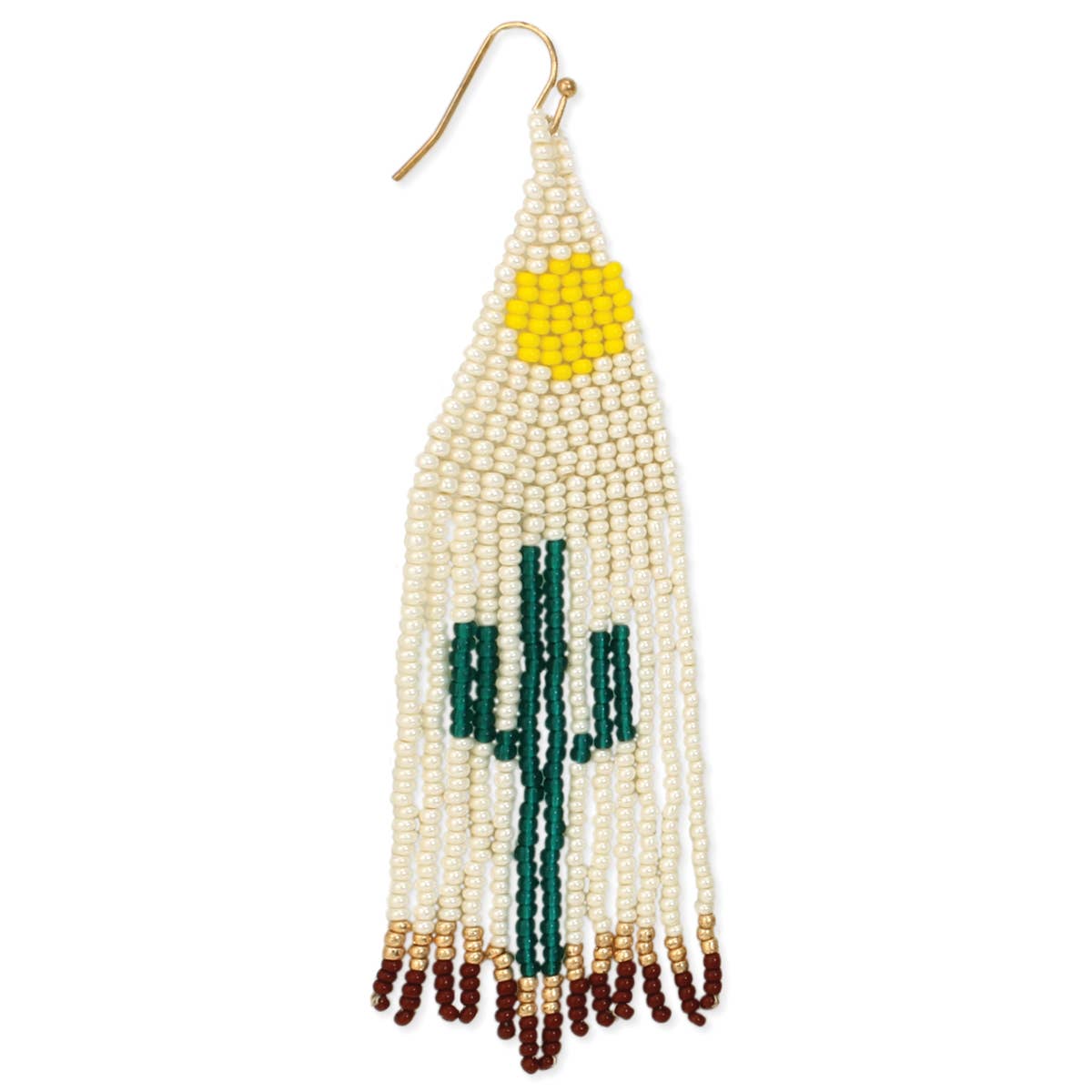 Triangular glass bead earrings featuring a green cactus, yellow sun, gold and dark red bottom and a cream background. 