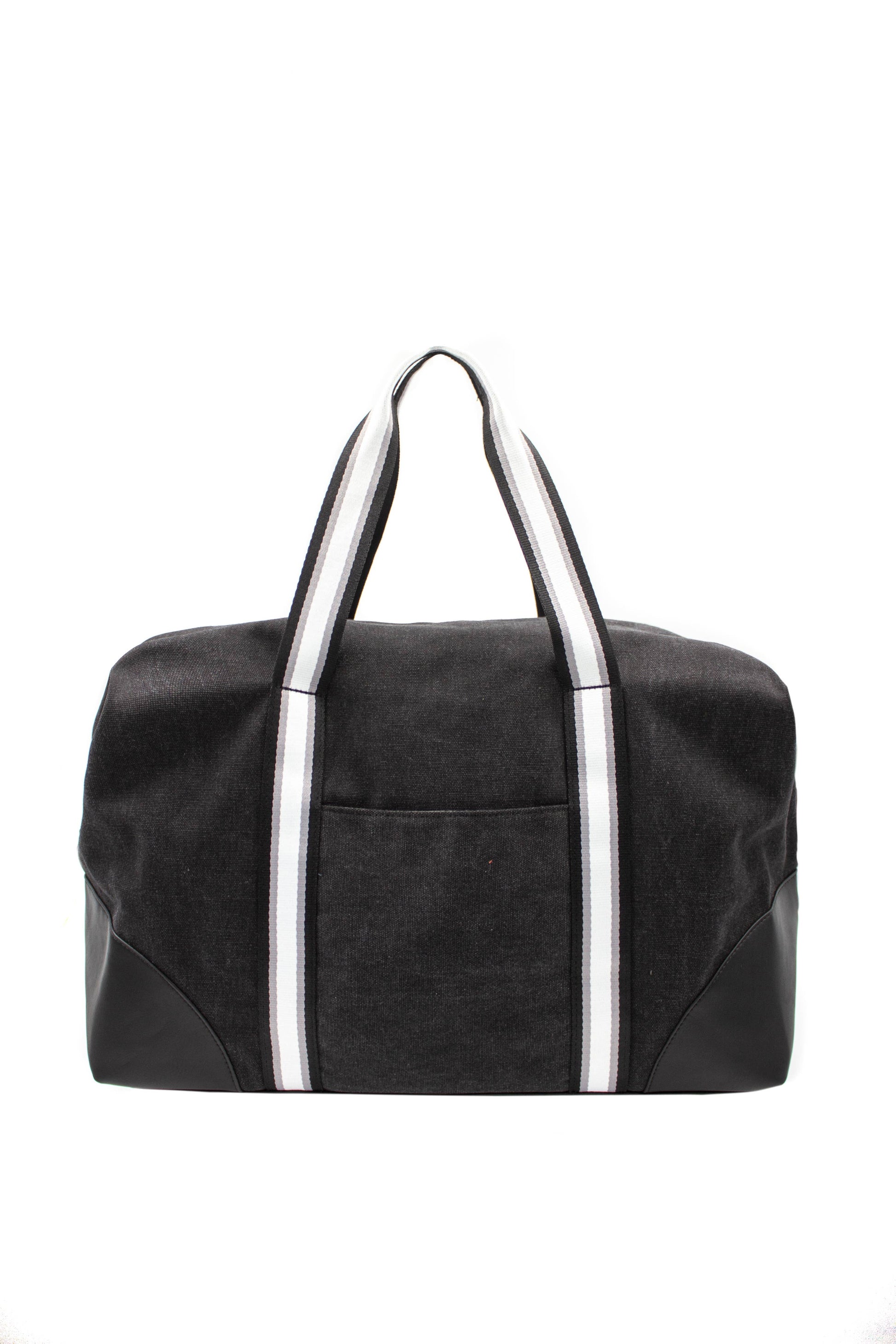 the image shows a black & white duffel bag against a white backdrop