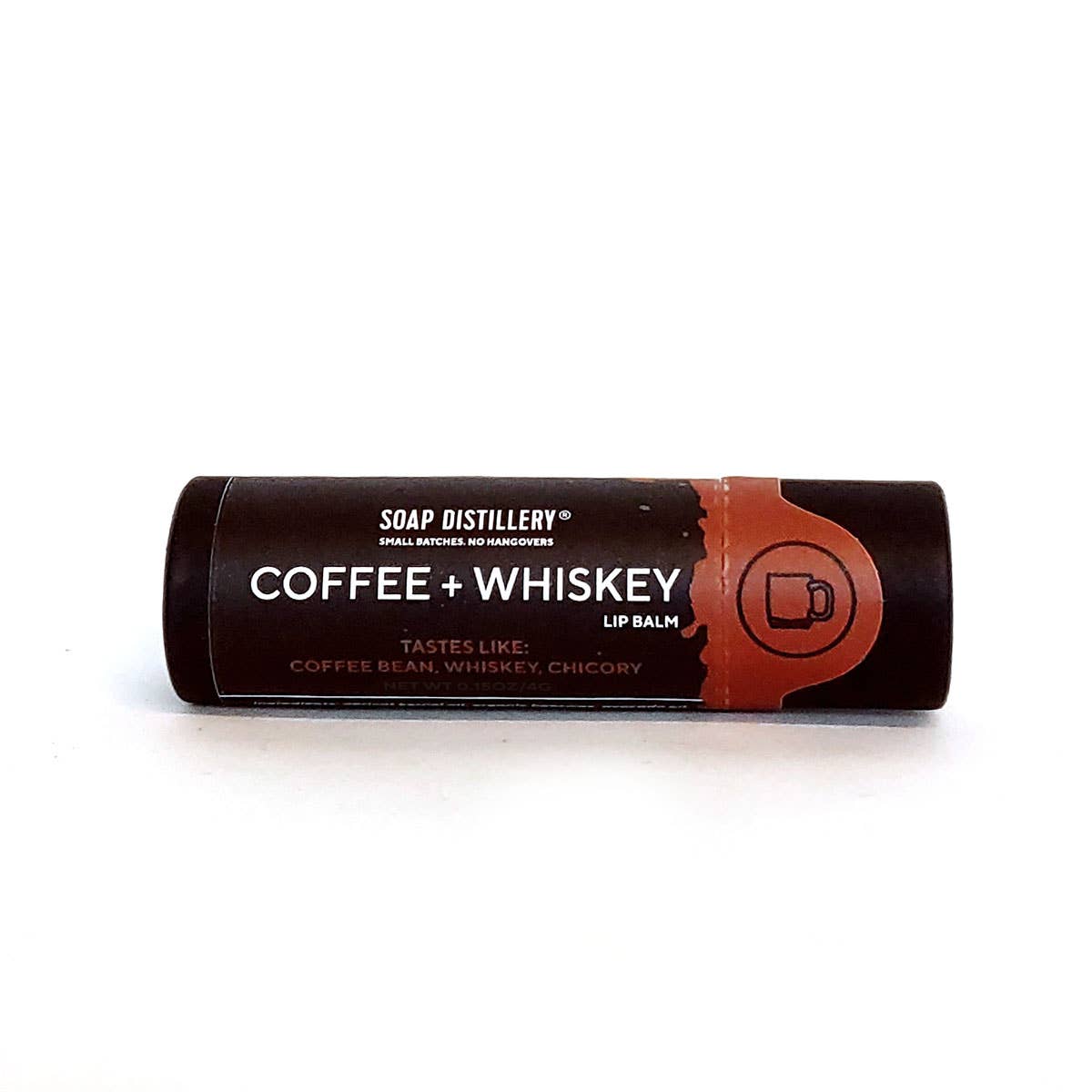 coffee and whiskey scented lip balm in brown tube packaging