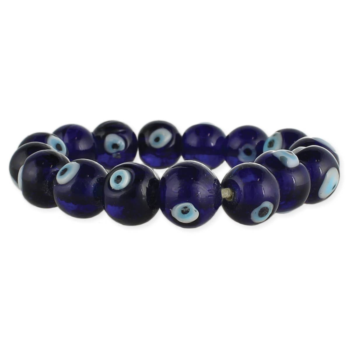Photo of bracelet. Bracelet has blue beads with evil eye on each bead and is against a white background.