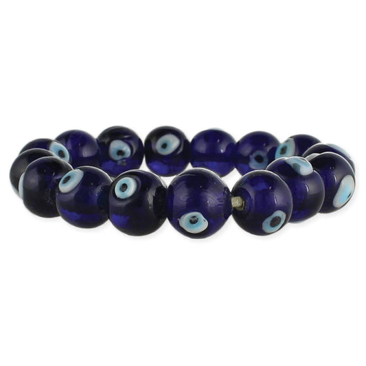 Photo of bracelet. Bracelet has blue beads with evil eye on each bead and is against a white background.