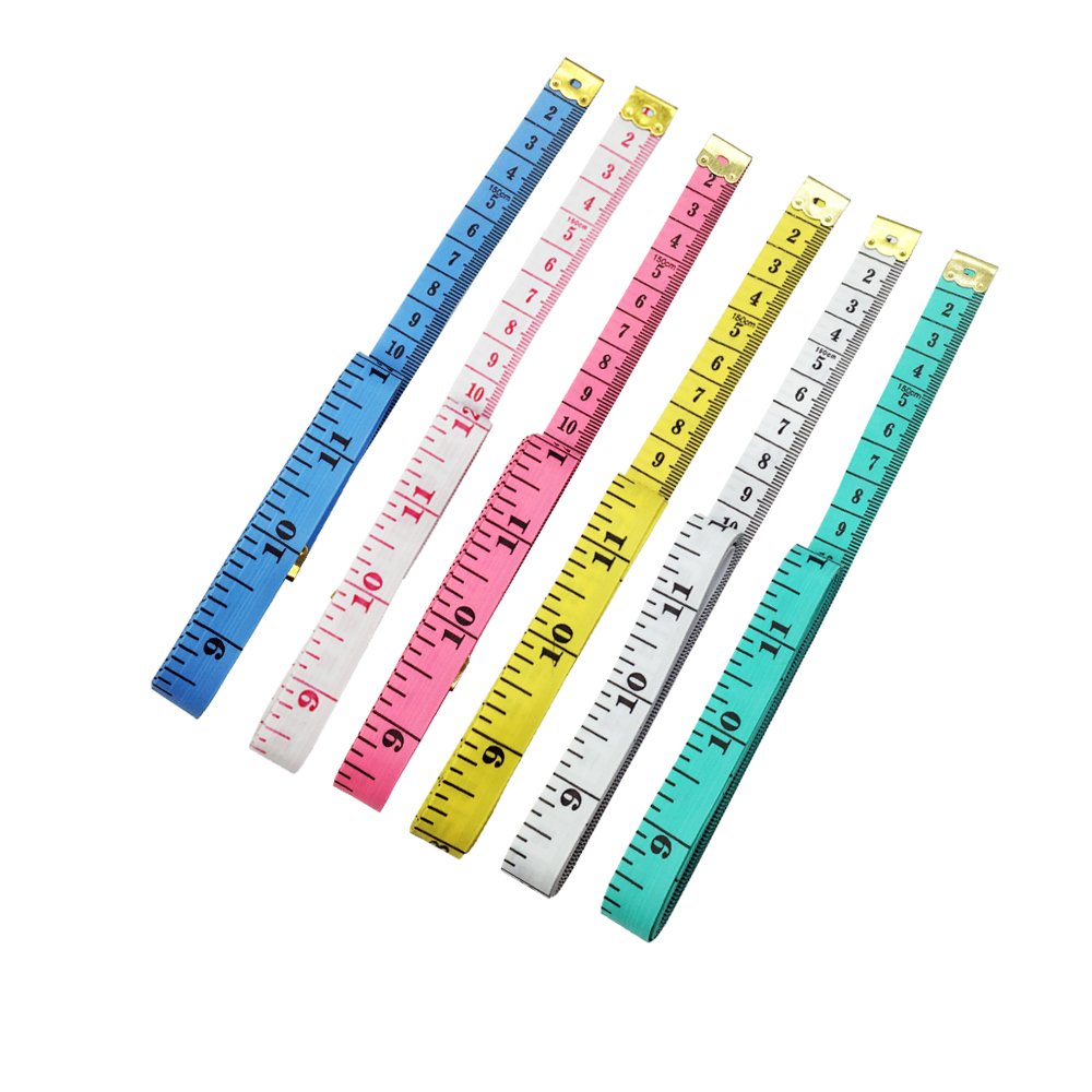 six soft tape measures in assorted colors on a white background