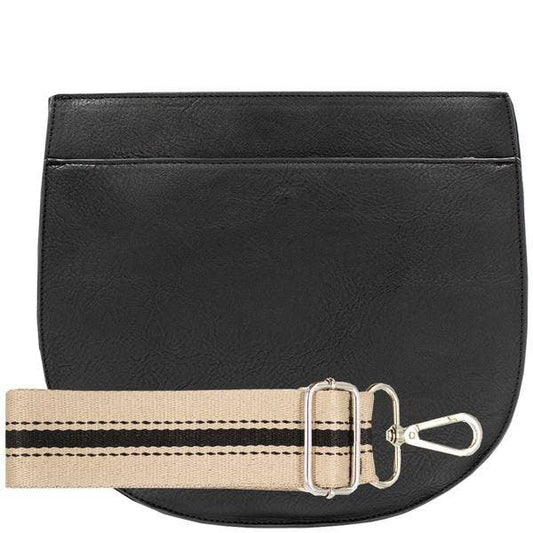 black saddle bag with tan and black strap