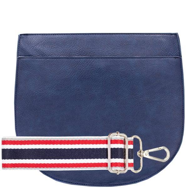 blue saddle bag with red white and blue strap