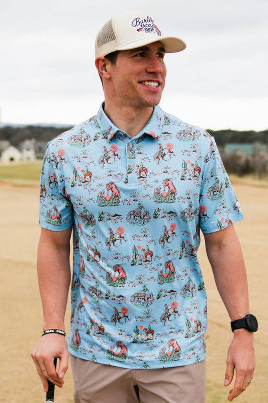 male model wearing a blue western patterned shirt