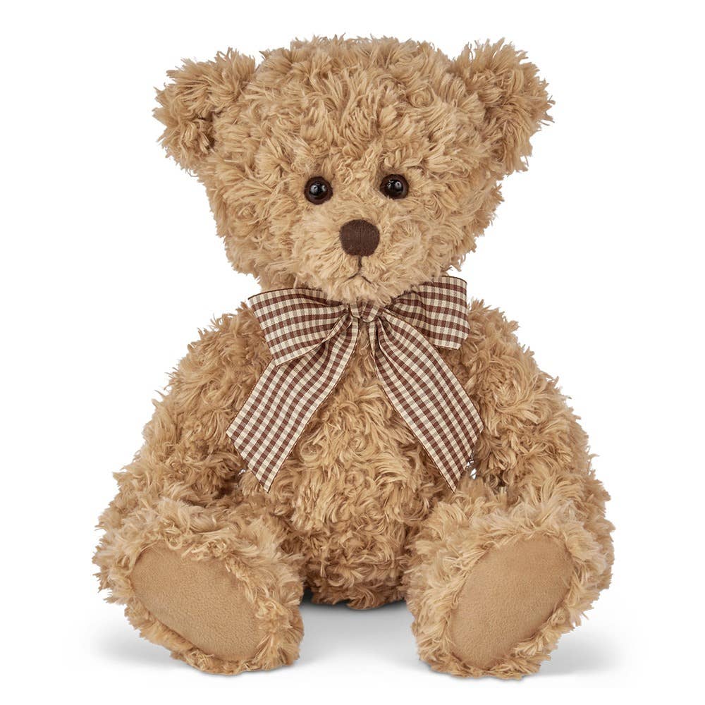 tan teddy bear with brown and white gingham bow