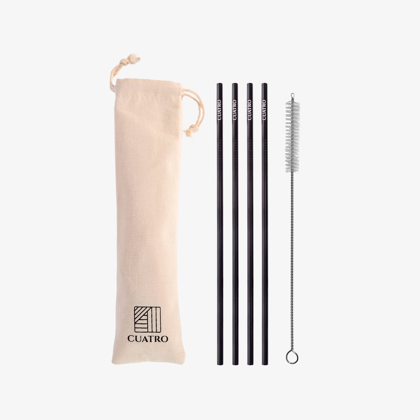 black stainless steel straws next to a bag and straw cleaner